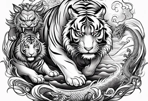 Tiger fighting a water dragon and lion tattoo idea