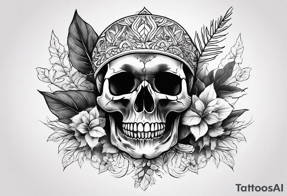 Skull and bones with leafs forearm tattoo idea