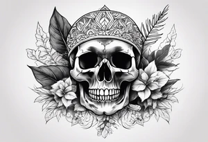 Skull and bones with leafs forearm tattoo idea