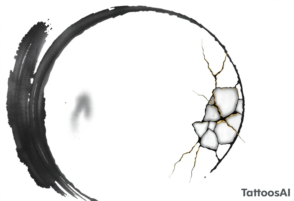 A Japanese‑inspired tattoo of a thick Zen ensō circle, drawn with a bold, hand‑painted black ink brushstroke. The circle is imperfect and organic, with visible texture and subtle variation in line thickness. About the last quarter of the circle, near the top‑right, transforms into a cracked ceramic segment that has been repaired using kintsugi: visible broken pieces outlined and joined by thin, flowing gold lines. There should be a couple big pieces of ceramic and no small ones. The circle and the ceramic part should have the same thickness. The gold seams follow the natural fractures of the ceramic section, creating several branching cracks rather than a single line, clearly distinguishing this repaired portion from the rest of the smooth ink circle. The transition from ink to ceramic should feel natural, as if the painted circle solidifies into a fragile object that has been lovingly mended. Keep the interior of the circle empty, with a clean white background and no extra symbols or text. Design it as a black and gray tattoo with a subtle metallic gold effect on the kintsugi seams, suitable for a medium‑sized placement on the back of the bicep. tattoo idea
