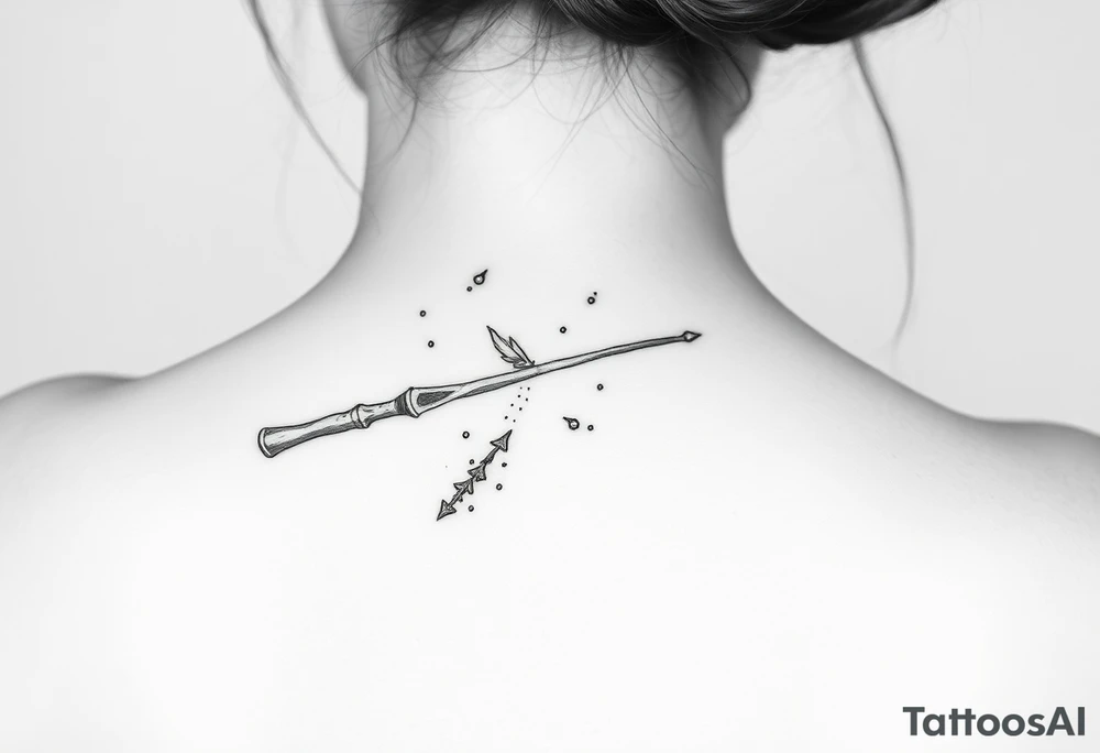 A magic wand (hermione's) with magic dust all around it and a ladybud kind of exiting the wand and somme small detail around it that would do a piggyback on harry poter like a lightning, harry's glasses, etc... tattoo idea
