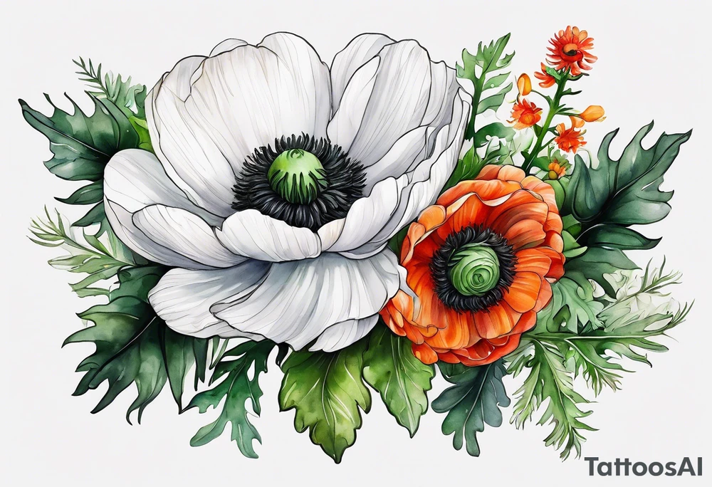 a white anemone with black center with thistles, green ferns, ranuculus, sun flowers, red flowers, ping flowers, orange flowers, yellow flowers all in watercolor tattoo idea