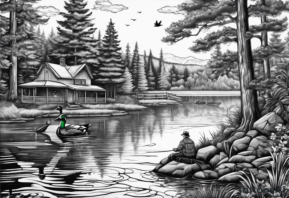 Wooded area with lake, mallards flying, and a model t tattoo idea