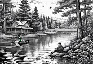 Wooded area with lake, mallards flying, and a model t tattoo idea