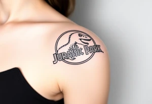 Jurassic Park logo with the dinosaur holding a big stick but with "Life, uh, finds a way" instead of the words "Jurassic Park" tattoo idea