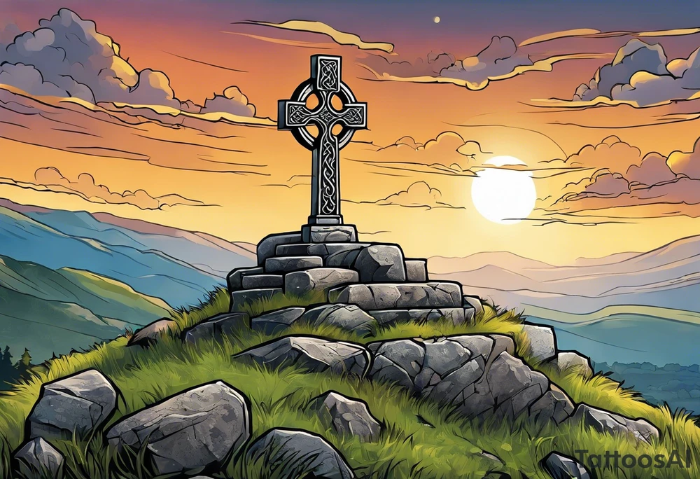 A stone Celtic cross standing solemnly atop a hill. A ruined stone wall lies crumbling near the cross tattoo idea