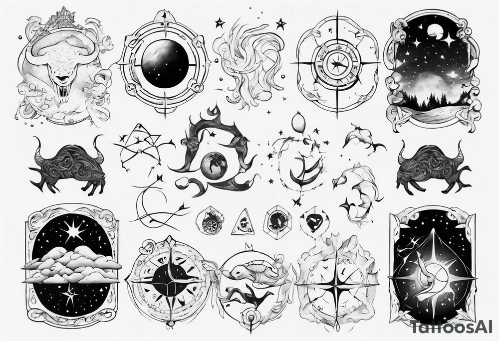 night sky, showing zodiac sign for Pisces and Taurus. upper arm sleeve tattoo tattoo idea