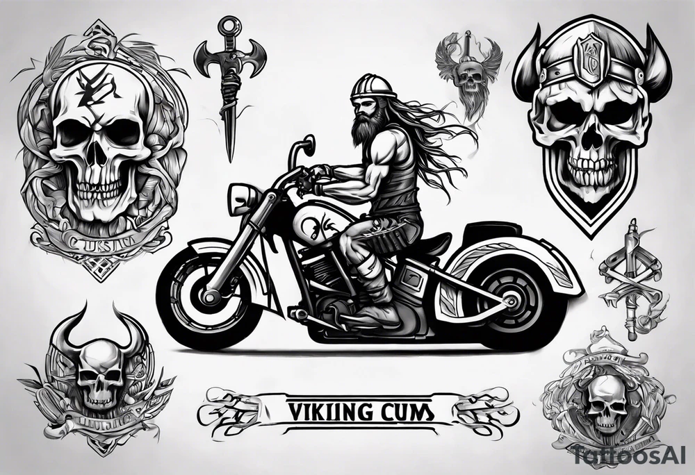 Create a tattoo design of my company called “Viking Customs” i want the name in the tattoo with a skeleton riding a motorcycle tattoo idea