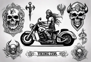 Create a tattoo design of my company called “Viking Customs” i want the name in the tattoo with a skeleton riding a motorcycle tattoo idea