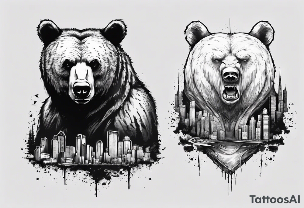 Serious bear behind a city tattoo idea