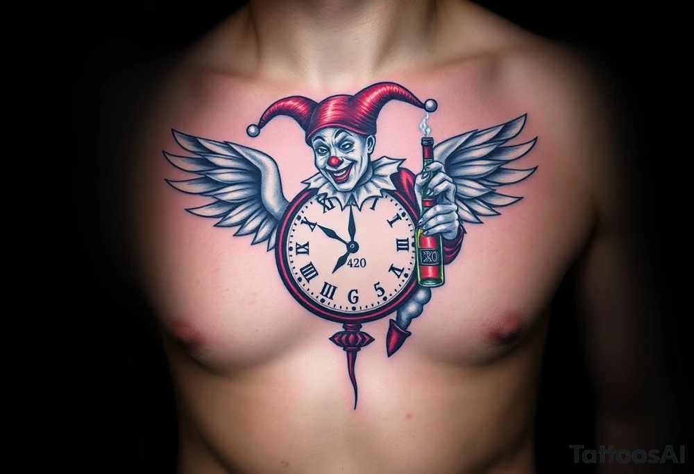 a jester clown floating in smoke with a  clock, the time says 420,  with two open wings besides the clock, smoke as the spring rising from the clock, a jester clown coming out the smoke, smoking in one hand with a liquor bottle on the other hand tattoo idea