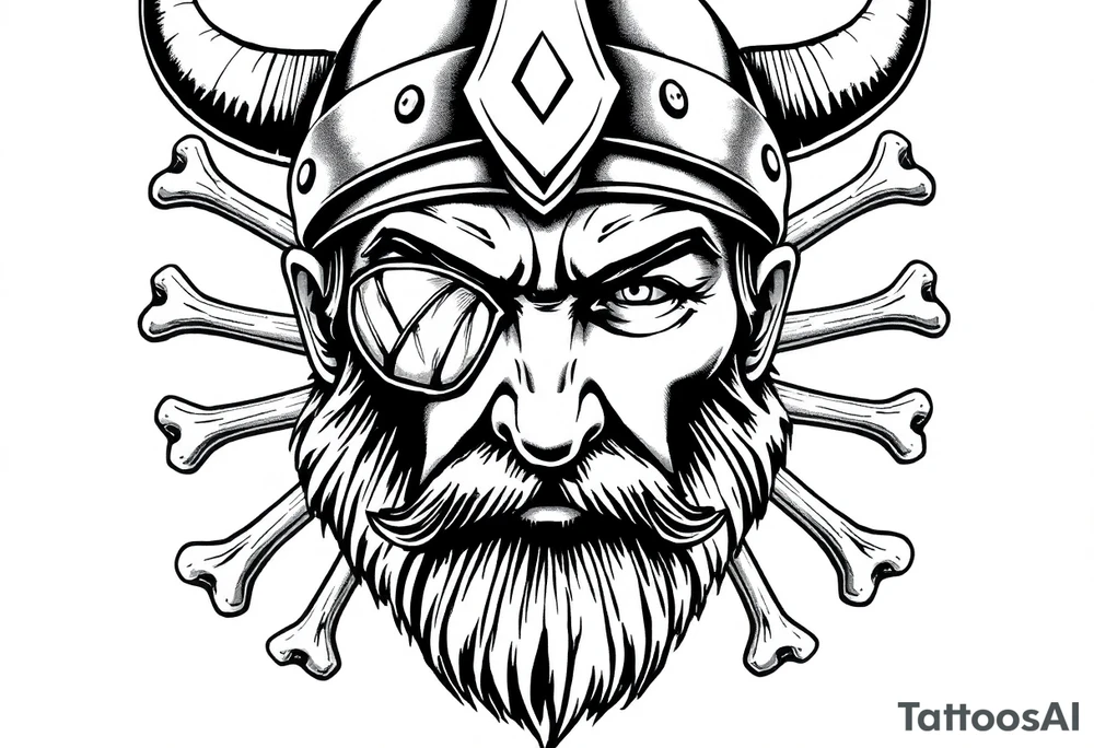 Vikings face. He got bread, helmet and eyepad on his left eye. Bones on the background. tattoo idea