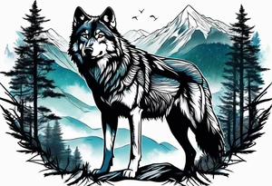 wolf mountain forest tattoo idea