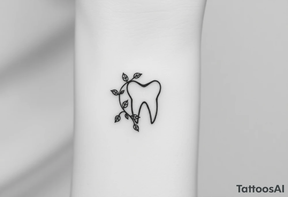 “A tiny outline of a molar tooth intertwined with a slender vine of eucalyptus leaves curling around one side, clean monochrome line-art.” tattoo idea