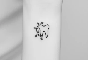 “A tiny outline of a molar tooth intertwined with a slender vine of eucalyptus leaves curling around one side, clean monochrome line-art.” tattoo idea