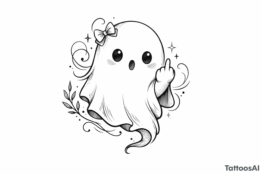 Cute ghost with a tiny bow in its hair, flipping the bird, playful tattoo. tattoo idea