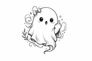 Cute ghost with a tiny bow in its hair, flipping the bird, playful tattoo. tattoo idea