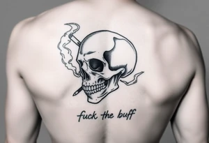 Graffiti type skull with markers and nibs behind it with smoke that says fuck the buff tattoo idea