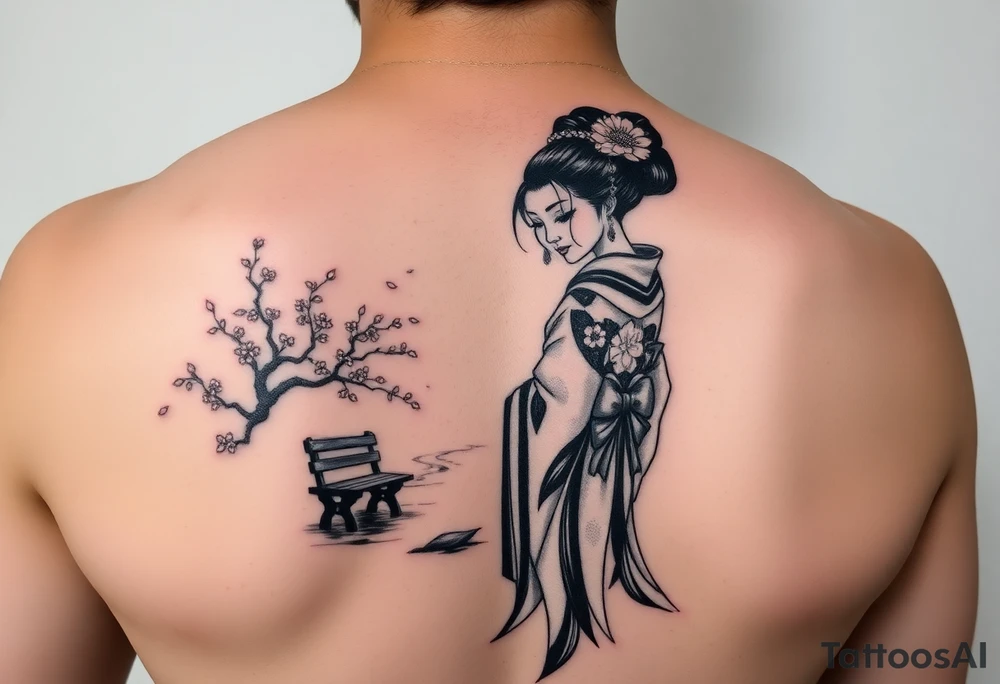 Fierce Japanese geisha with cherry blossom tree river and stone bench tattoo idea