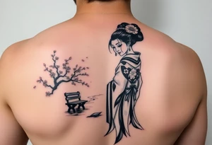 Fierce Japanese geisha with cherry blossom tree river and stone bench tattoo idea