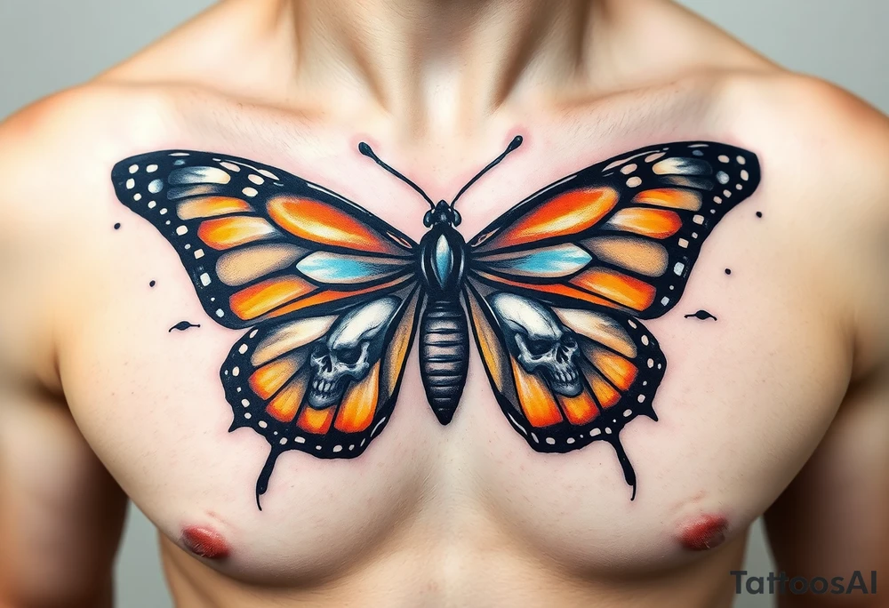 evil powerful majestic and dark monarch butterfly with  graffiti skull detail as the body hidden skulls in wings, skull detail making the body of the butterfly with a horror style effect, including blue,  orange and white colouring
placement on chest at collarbone tattoo idea