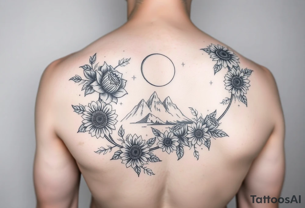 Arm and wristwrap around tattoo, with roses and vine with sunflowers moon and stars mountains tattoo idea