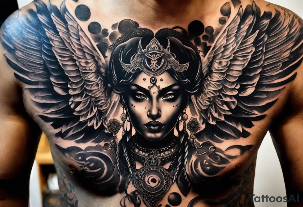 black kali, goddess pirate, alien, angel, pachamama, valkrye, warrior, flying, skull, lotus azul, wing, eagle, zenza resonance, stars, 5D, anahata chakra, death, durga, riding on a tiger, flying lady, chest tatoo tattoo idea