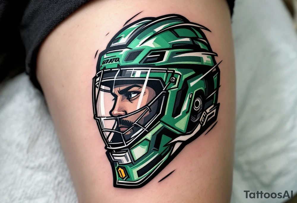 hockey helmet in bold green and black, outlined with motion blur lines in white. tattoo idea