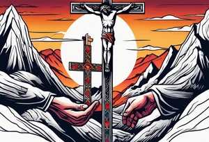 hand reaching through the cross of Christ holding a man on the other side in the mountains tattoo idea