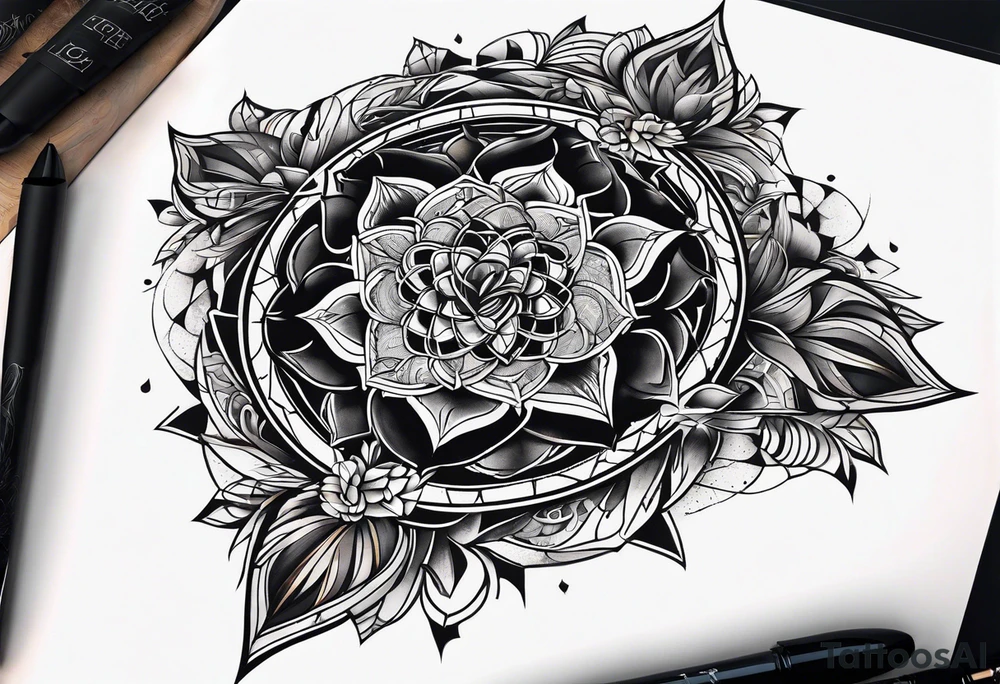 front knee tattoo with sacred geometry, swirls & washes, background tattoo idea