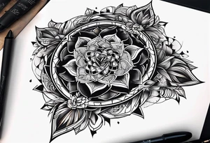 front knee tattoo with sacred geometry, swirls & washes, background tattoo idea
