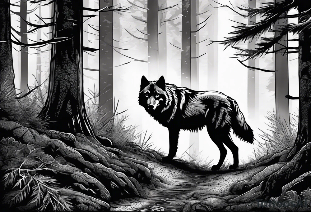 A detailed sketch of a lone wolf prowling through a dense, misty forest. This design can symbolize independence and mystery. tattoo idea