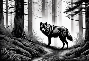 A detailed sketch of a lone wolf prowling through a dense, misty forest. This design can symbolize independence and mystery. tattoo idea