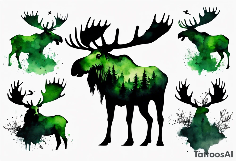 a giant green mossy moose covered with shadow birds tattoo idea