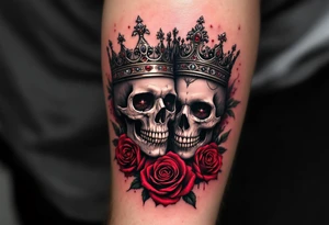 A dark grayscale tattoo of a king and queen skull wearing jeweled crowns with blood-red roses behind them. tattoo idea