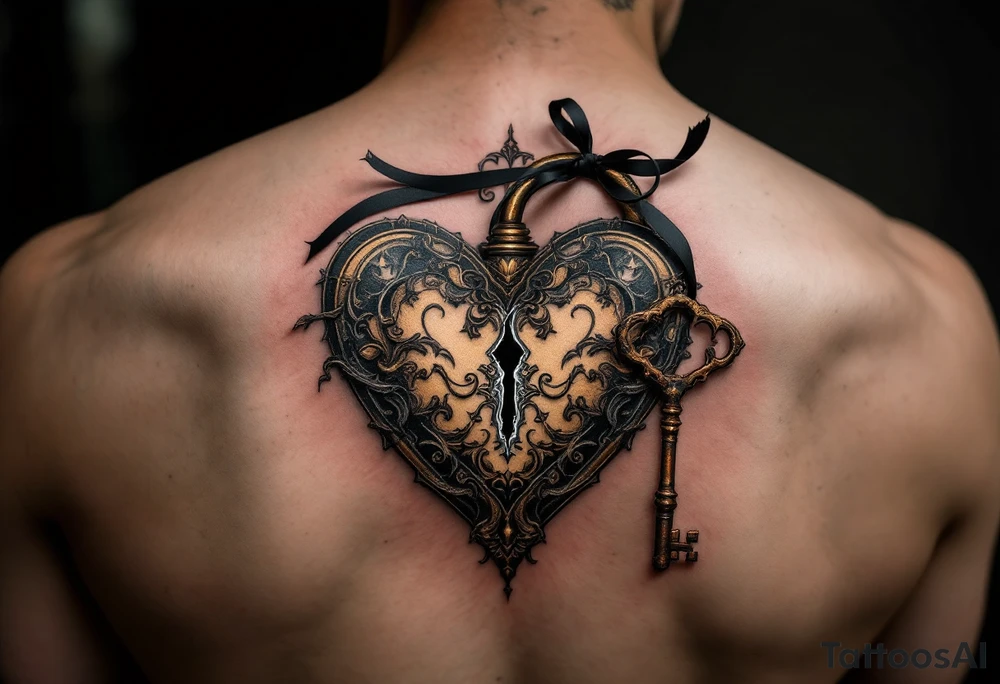 A vintage heart-shaped lock with intricate baroque detailing, cracked slightly at the center, paired with a rusted skeleton key wrapped in a thin black ribbon. The lock is shaded in antique gold and deep bronze, while the key has accents of dark silver and aged steel. tattoo idea
