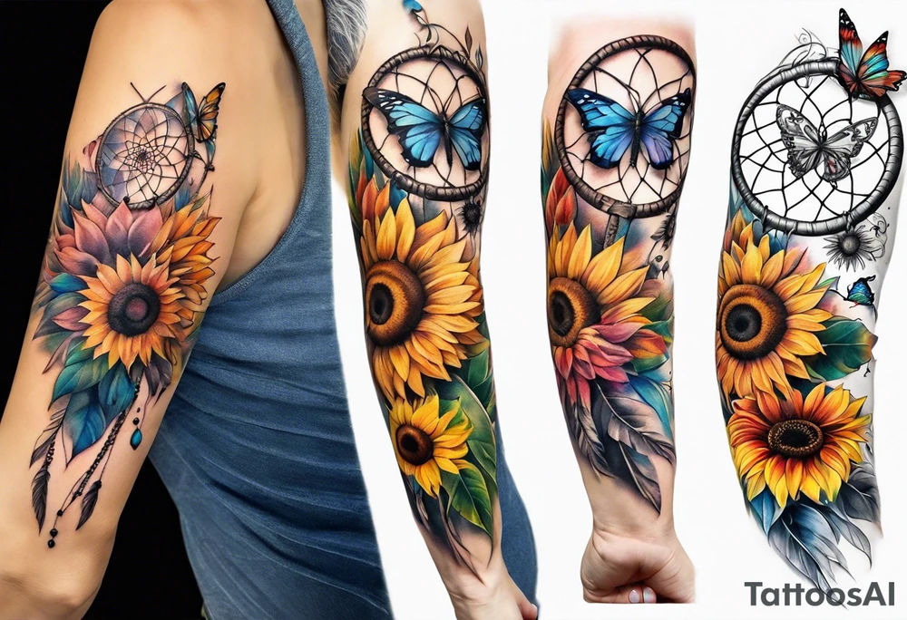 arm sleeve with dreamcatcher, rainbow sunflowers and one butterfly tattoo idea