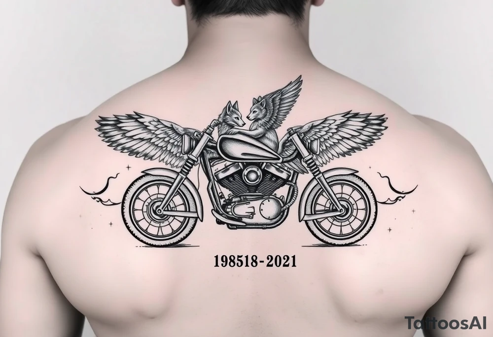 the year 1958 - 2021 with a motorcycle on it with guardian angel wolves tattoo idea