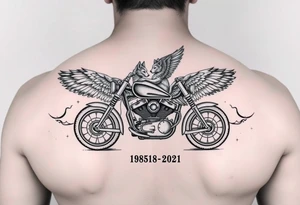the year 1958 - 2021 with a motorcycle on it with guardian angel wolves tattoo idea