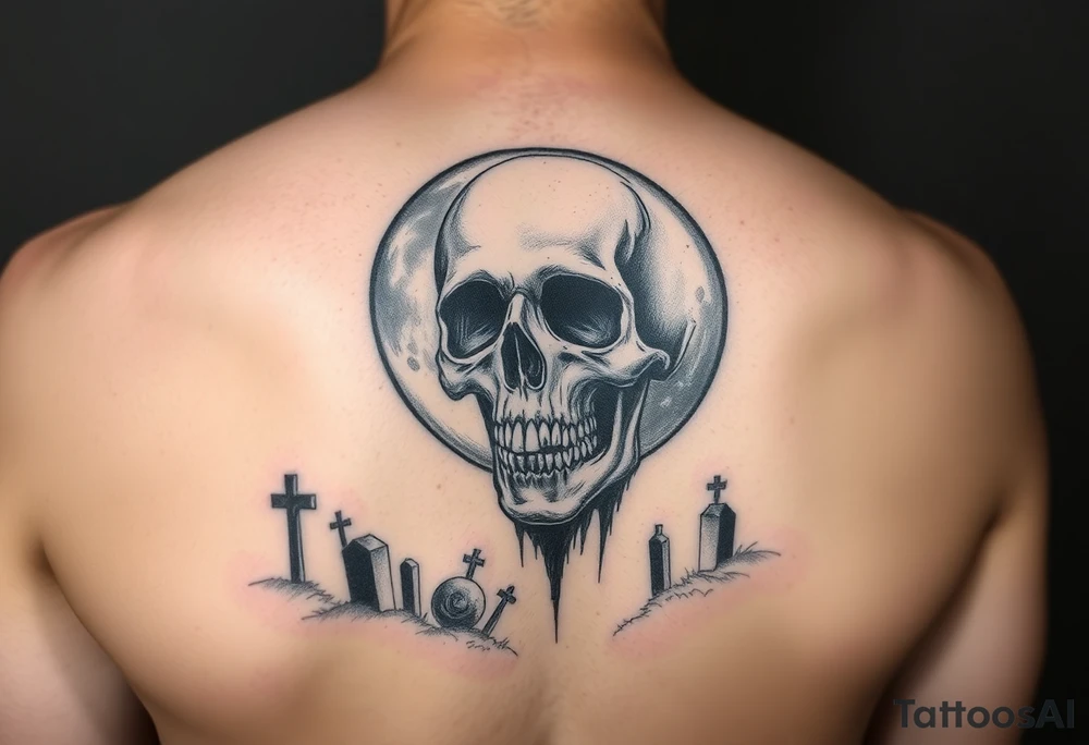 Full moon morphed into skull shining over foggy cemetery tattoo idea