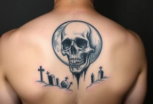 Full moon morphed into skull shining over foggy cemetery tattoo idea