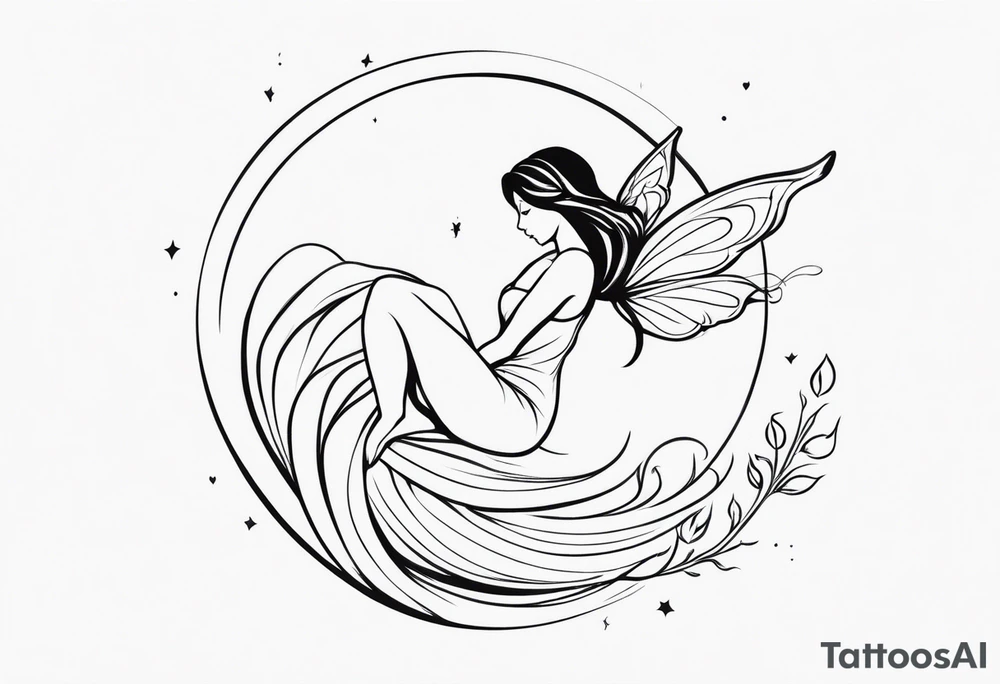 Minimalistic, monochromatic fairy with a tail flying to the left in a fetal position, leaning and looking in the same direction, with visible hands, embodying the 'Fairy Tail' logo aesthetic. tattoo idea