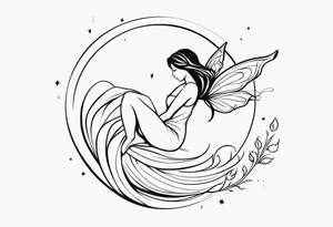 Minimalistic, monochromatic fairy with a tail flying to the left in a fetal position, leaning and looking in the same direction, with visible hands, embodying the 'Fairy Tail' logo aesthetic. tattoo idea