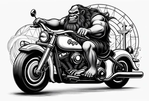 Ogre riding a Harley with ape hanger handlebars tattoo idea