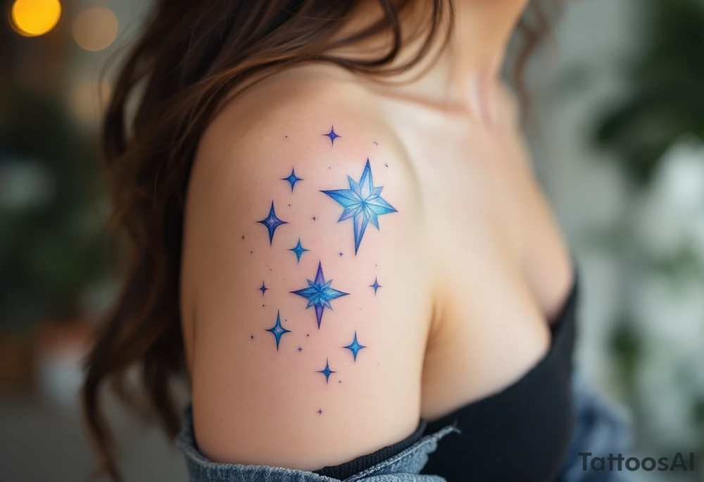 Watercolor-style Capricorn stars in soft blues and purples, fading like a cosmic dream across the shoulder. tattoo idea