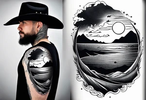 full sleeve tattoo.
Man with a cowboy hat, view from back, pistol
Half moon
Wave of an ocean
Mountain
Blended tattoo, with no obvious lines tattoo idea