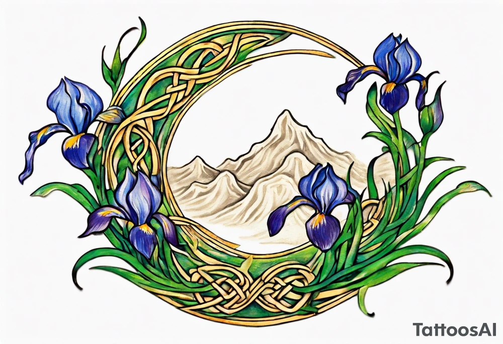 Create a small, colorful Vincent van Gogh Irises tattoo in the form of a crescent, with vines in Celtic knot style gracefully intertwining at a central point in the middle of the wreath. The intended placement is on the upper chest. The middle needs mountains. The overall design should be small in size while maintaining a delicate and artistic aesthetic. Pay attention to the graceful flow of the vines and the placement of the irises to achieve a refined and elegant look. tattoo idea