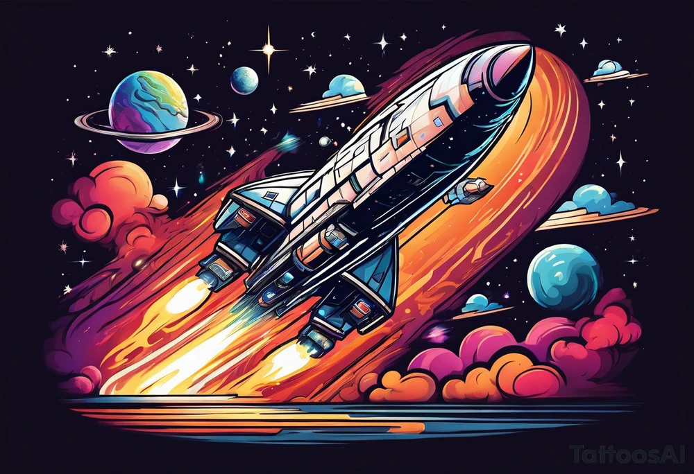 Space ship shooting into space with the heavens opening tattoo idea