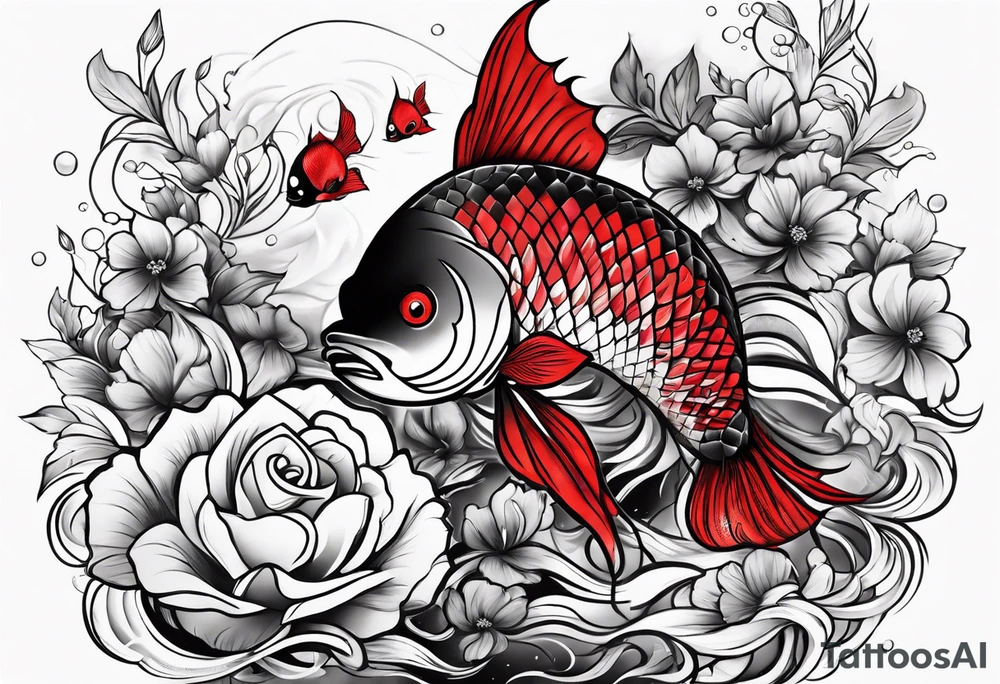 pisces with black and red flowers tattoo idea