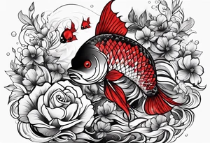 pisces with black and red flowers tattoo idea